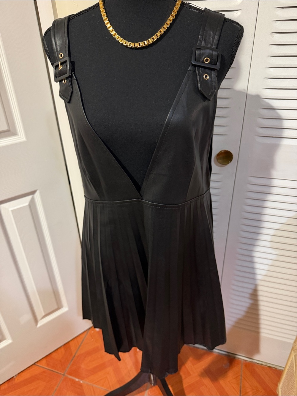 Zara Black Faux Leather Pleated Mini Dress with Buckle Straps
